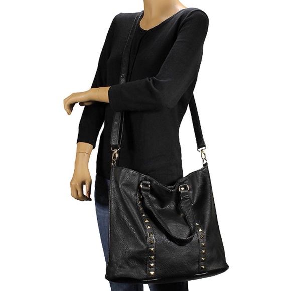 Large Studded Crossbody Tote Bag Black - Picture 7 of 7